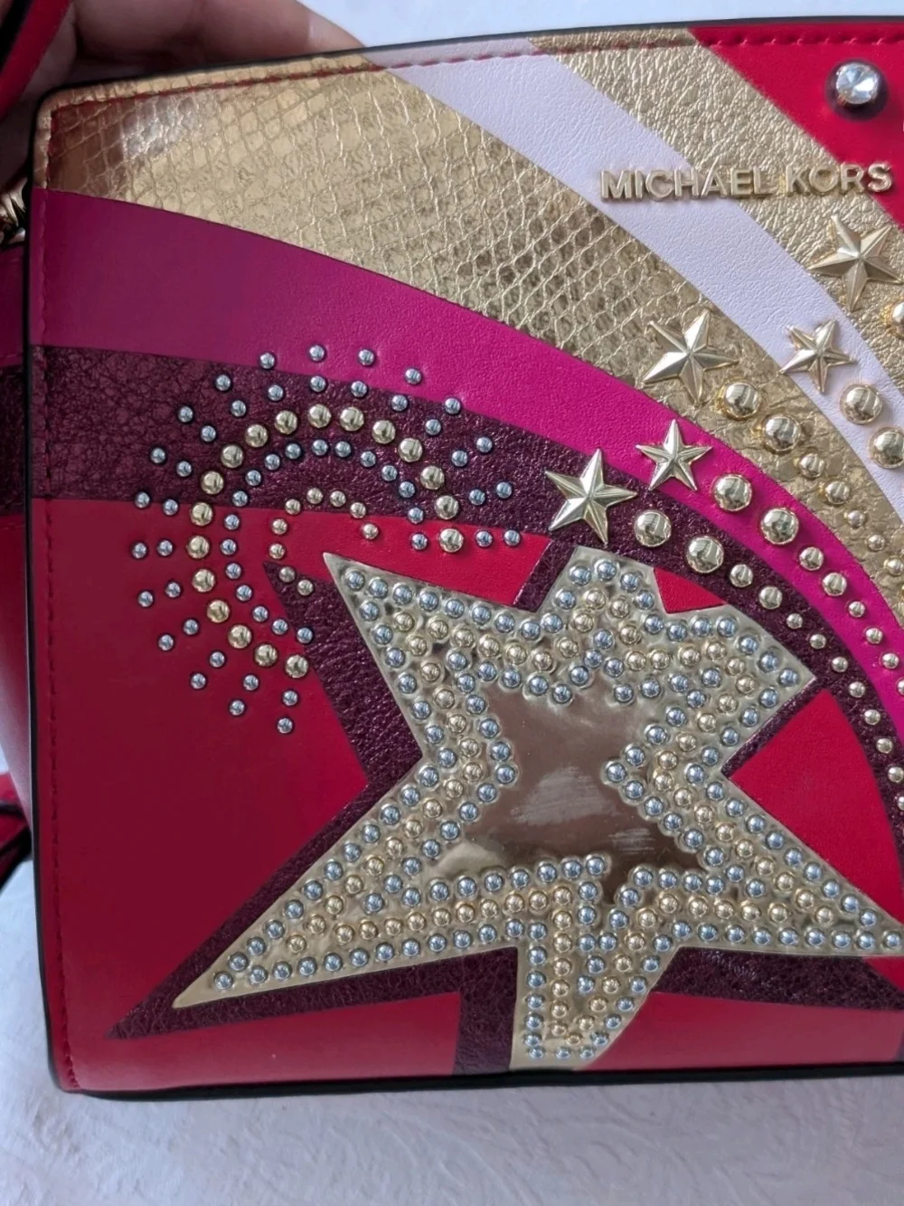 Michael Kors Red Shoulder Bag Star Studded Metallic Crystal Zip Gold Hardware
